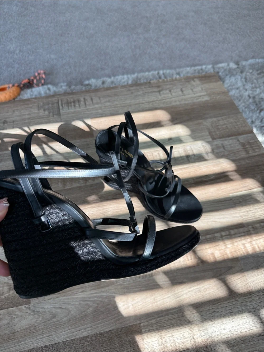 Saint Laurent Black Strappy Logo Wedge Sandals